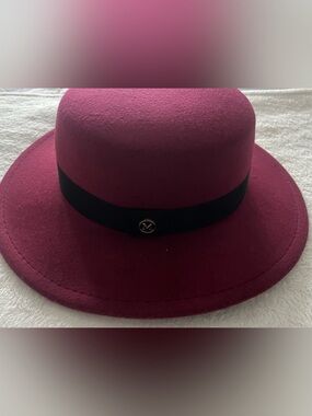 margot Burgundy Felt Wide-Brim Hat with Black Band and Gold 'M' Accent
